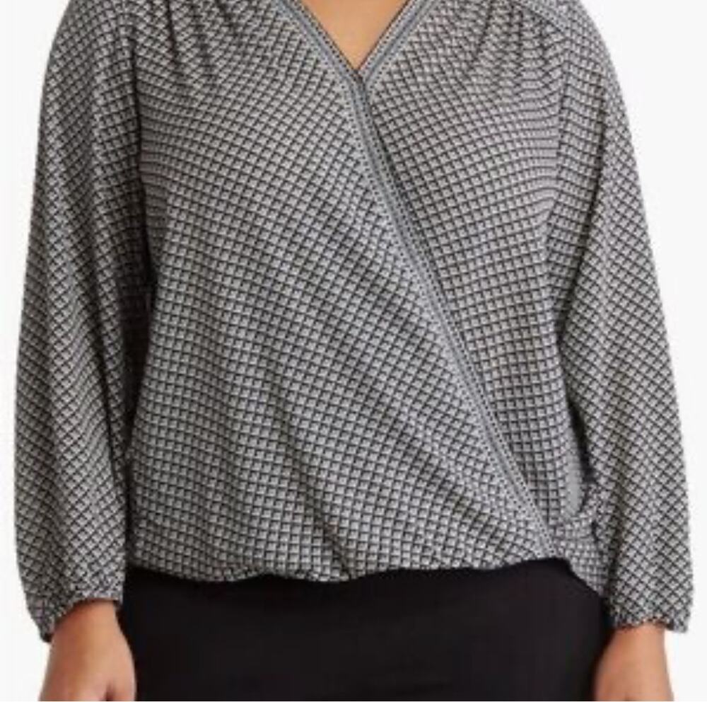NEW Max Studio Blouse Top Long Sleeve Houndstooth Print Black White Large